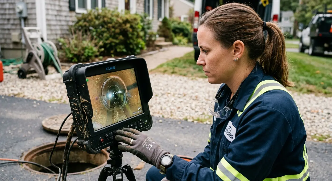 Technician reviewing sewer camera inspection footage in Volney
