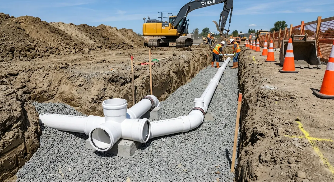 New PVC sewer pipe installation in open trench for Grease Trap Cleaning in Volney
