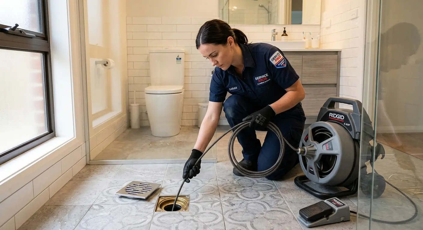Technician clearing a bathroom floor drain for Drain Repair in Volney